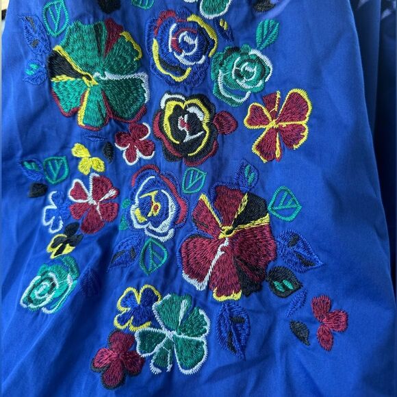 Tyler Böe SZ L Royal Blue Embroidered Maxi Dress Puff Sleeve Tiered with Pockets - Picture 4 of 4